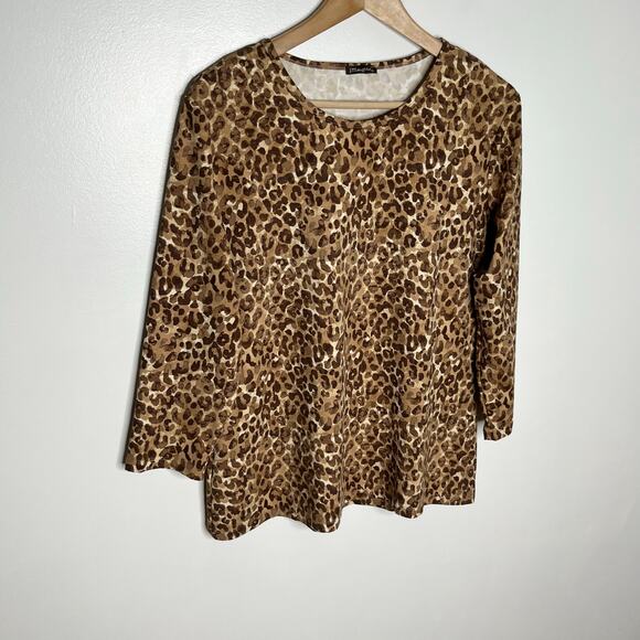 J. McLaughlin Catalina Cloth Top Women XL Brown Leopard Print 3/4 Sleeve Stretch - Picture 2 of 9